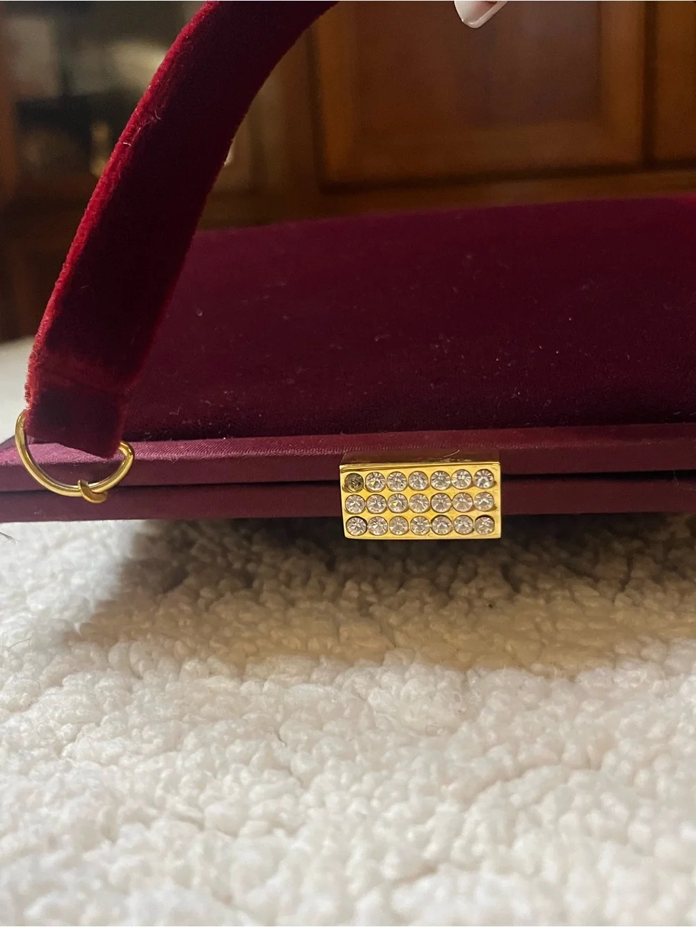 Vintage Saks 5th Avenue Burgundy Velvet Evening Bag Rhinestone Clasp Top Handle - Picture 5 of 9